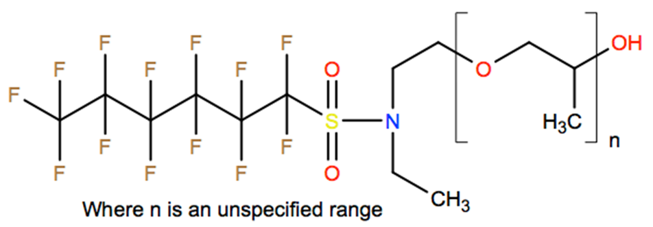 Structural representation of Poly[oxy(methyl-1,2-ethanediyl)], α-[2-[ethyl[(tridecafluorohexyl)sulfonyl]amino]ethyl]-ω-hydroxy-