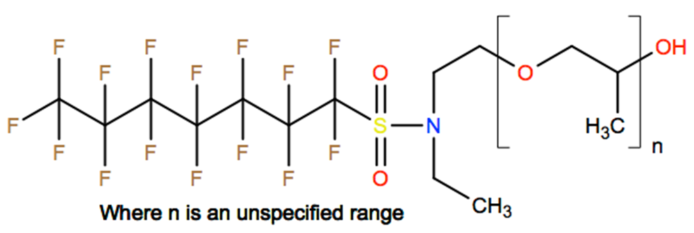 Structural representation of Poly[oxy(methyl-1,2-ethanediyl)], α-[2-[ethyl[(pentadecafluoroheptyl)sulfonyl]amino]ethyl]-ω-hydroxy-