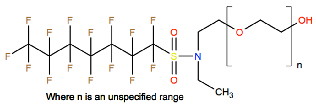 Structural representation of Poly(oxy-1,2-ethanediyl), α-[2-[ethyl[(pentadecafluoroheptyl)sulfonyl]amino]ethyl]-ω-hydroxy-