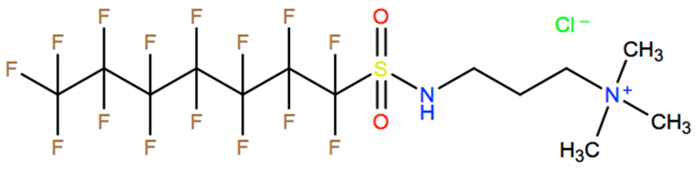 Structural representation of 1-Propanaminium, N,N,N-trimethyl-3-[[(pentadecafluoroheptyl)sulfonyl]amino]-, chloride