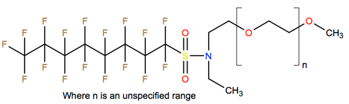 Structural representation of Poly(oxy-1,2-ethanediyl), α-[2-[ethyl[(heptadecafluorooctyl)sulfonyl]amino]ethyl]-ω-methoxy-