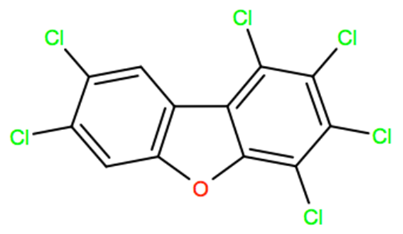 Structural representation of 1,2,3,4,7,8-Hexachlorodibenzofuran