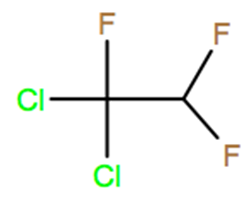 Structural representation of 1,1-Dichloro-1,2,2-trifluoroethane (HCFC-123b)