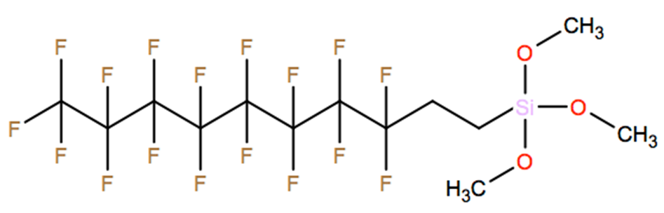Structural representation of Silane, (3,3,4,4,5,5,6,6,7,7,8,8,9,9,10,10,10-heptadecafluorodecyl)trimethoxy-