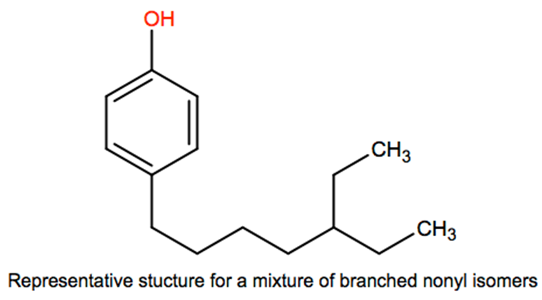 Structural representation of 4-Nonylphenol, branched