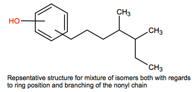 Structural representation of Nonylphenol, branched